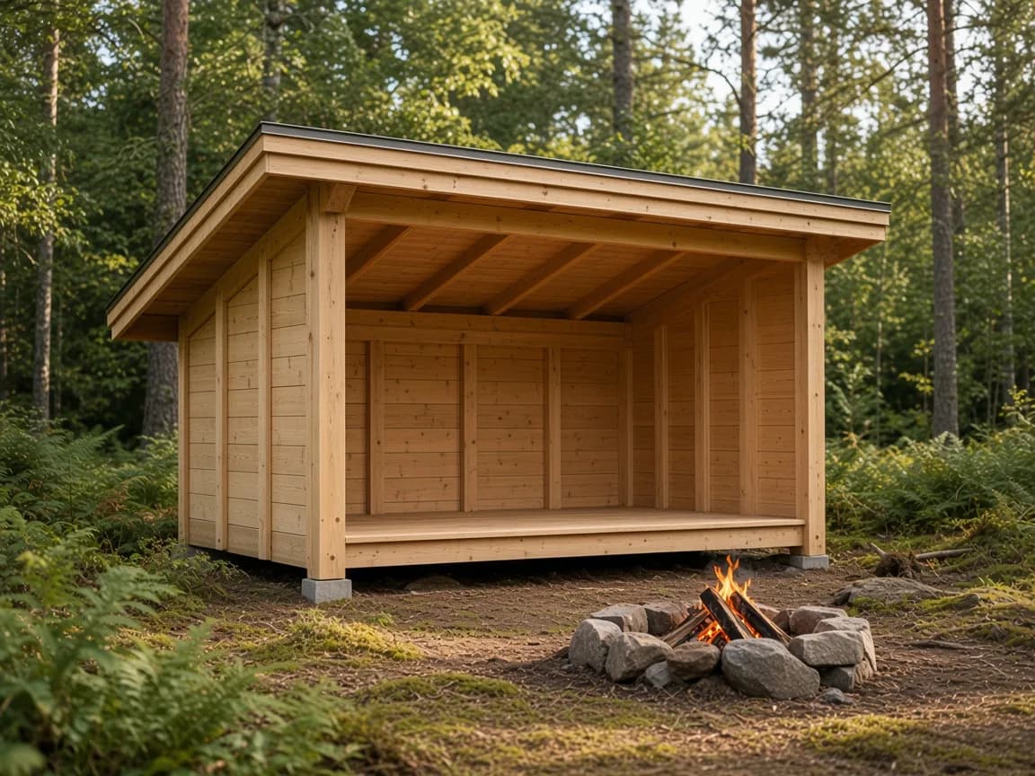 Wooden shelter in green surroundings