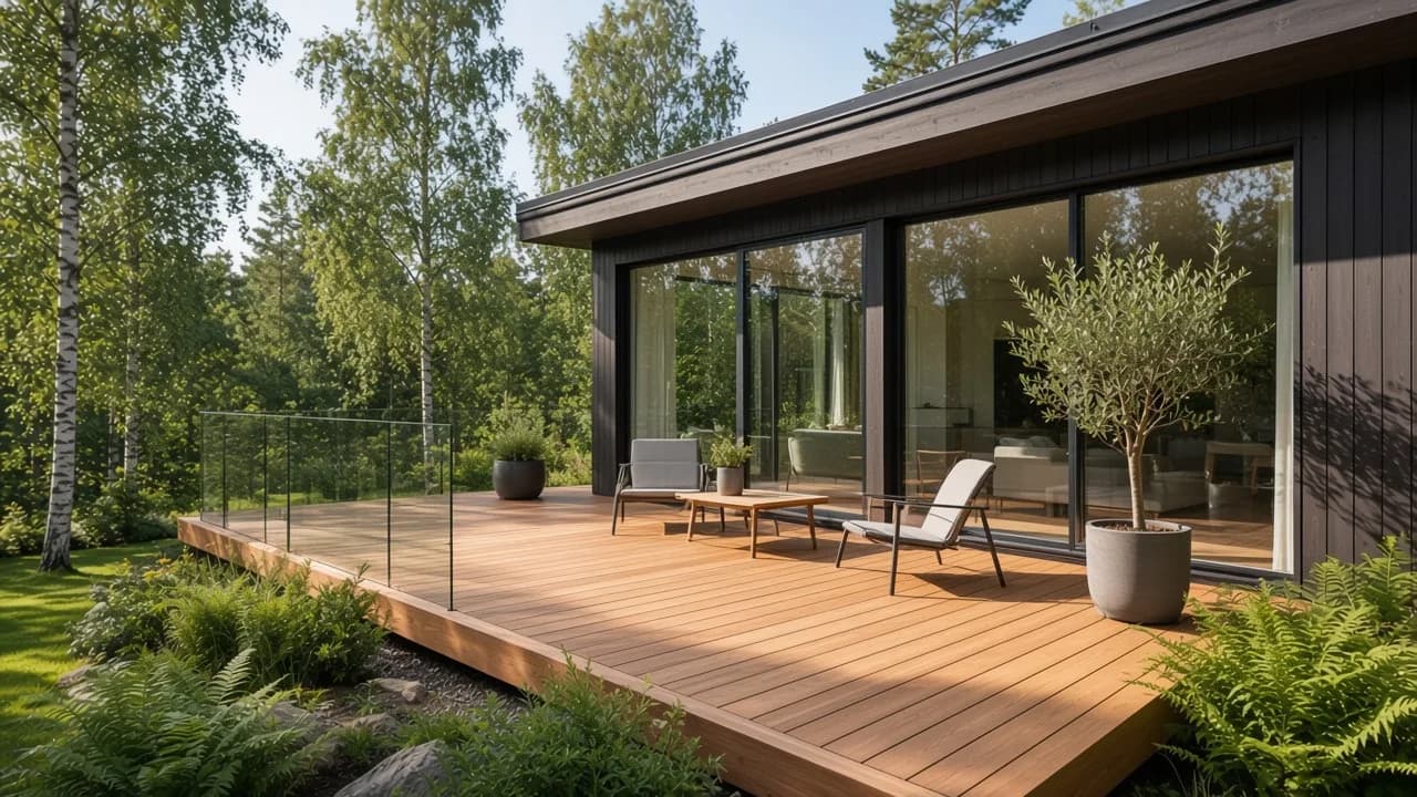 Completed wooden deck in a green garden