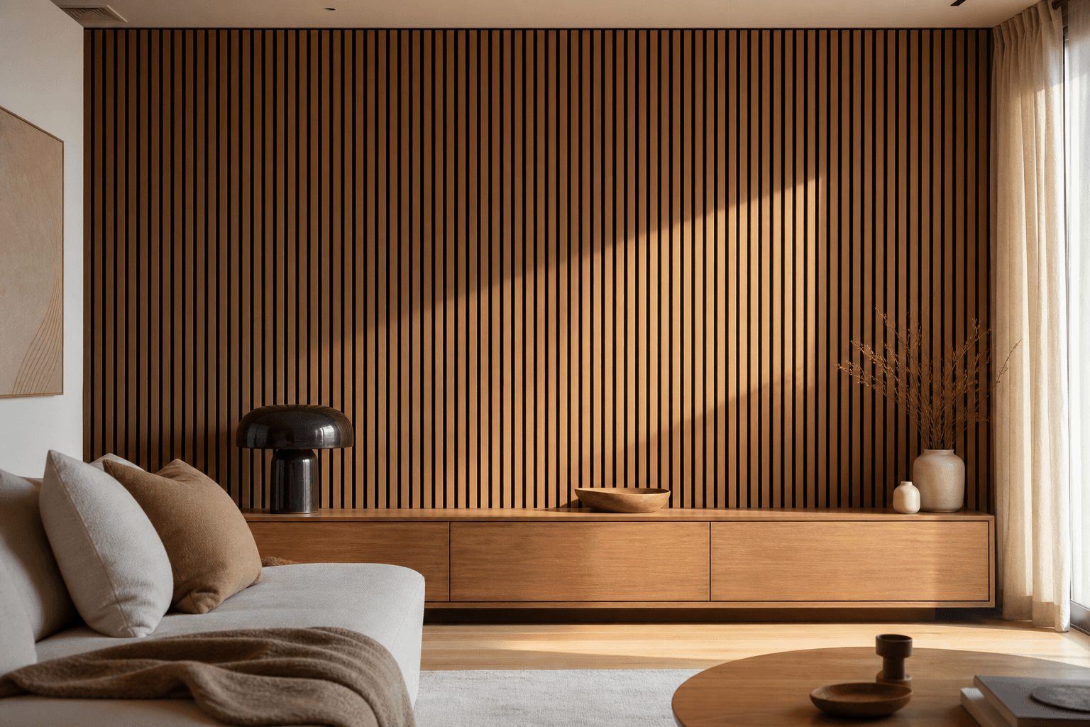 Wood slat acoustic panels fitted on a living-room wall