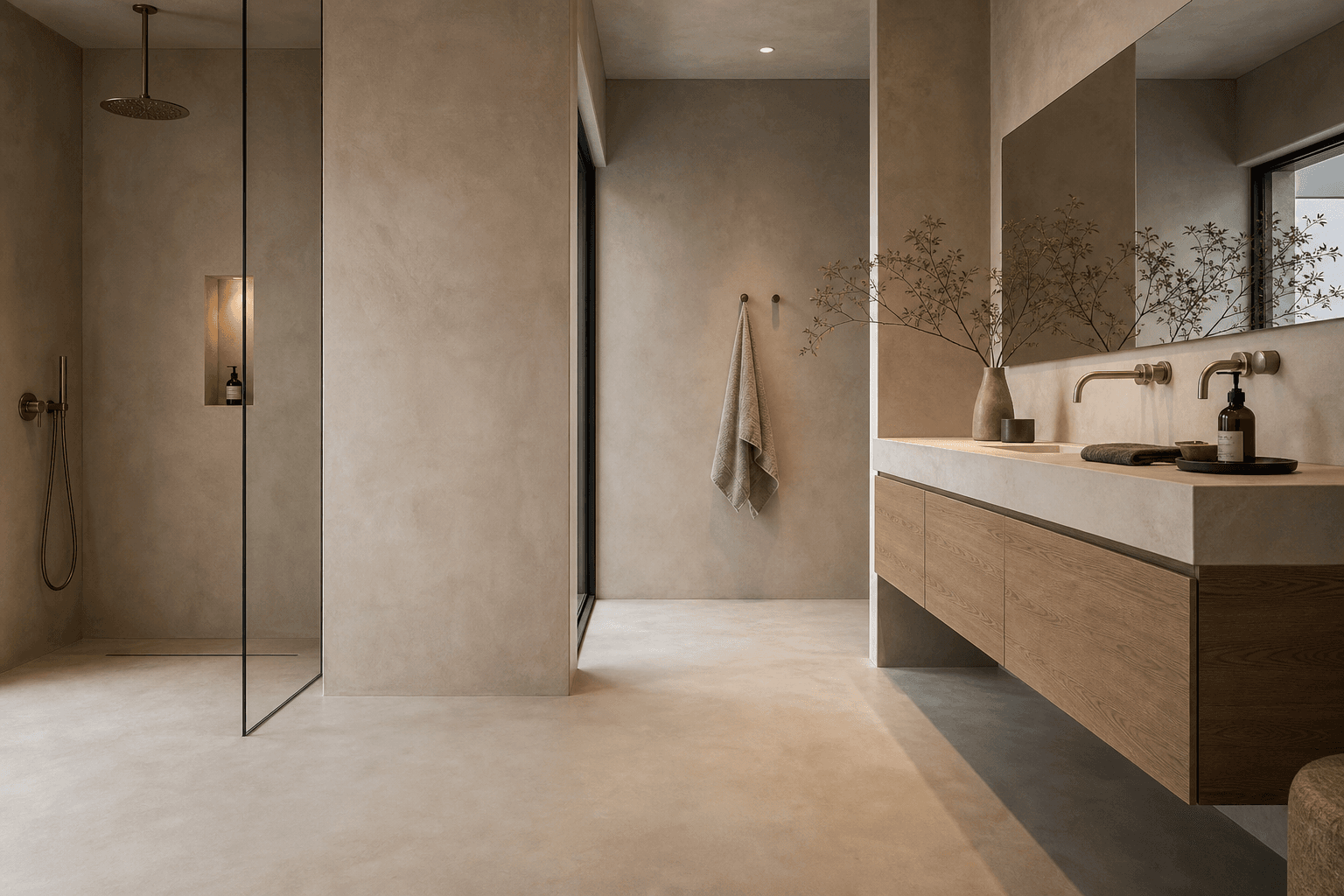 Seamless concrete-look microcement surface on a wall and floor