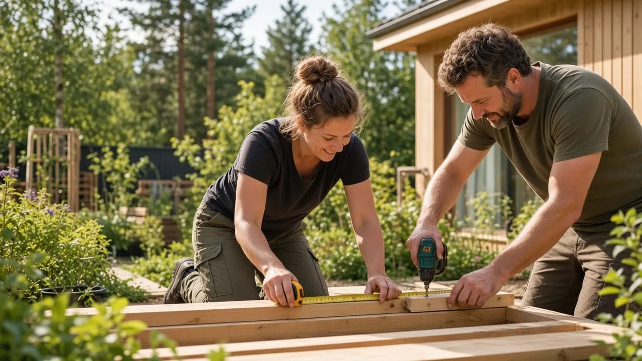Two people building a wooden deck together in a green garden